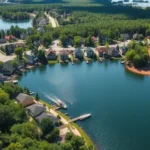 Aerial view of Seven Lakes, NC real estate & homes for sale—peaceful lakeside neighborhoods, tree-lined streets, sparkling water, boats, and homes in lush greenery, captured in vibrant daytime colors.