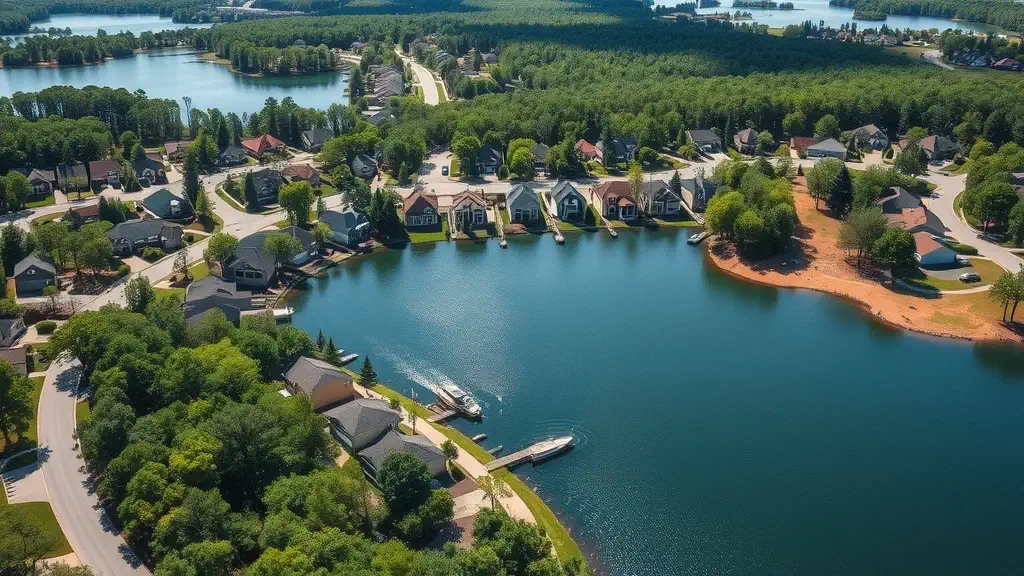 Aerial view of Seven Lakes, NC real estate & homes for sale—peaceful lakeside neighborhoods, tree-lined streets, sparkling water, boats, and homes in lush greenery, captured in vibrant daytime colors.