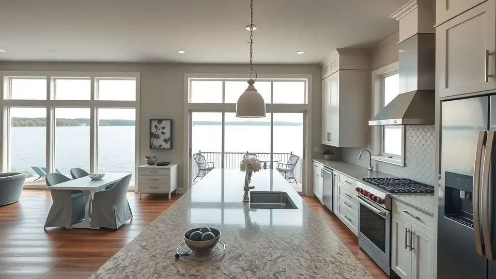 Modern luxury kitchen in Seven Lakes, NC home—open layout, granite countertops, stainless steel appliances, panoramic windows overlooking the water, stylish décor.