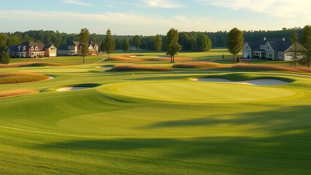 Scenic golf course view in Seven Lakes, NC—manicured fairways bordering elegant homes, rolling greens, sunlight, tranquil and welcoming atmosphere.
