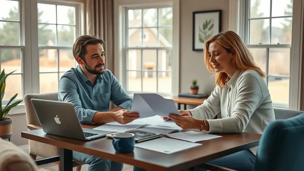 Seven Lakes, NC real estate agent with homebuyers reviewing documents in a cozy study nook, natural surroundings visible outside, inviting and professional atmosphere.
