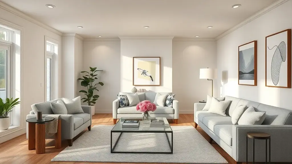 Professional home staging in West End NC real estate & homes for sale, tidy elegant living room, trendy decor