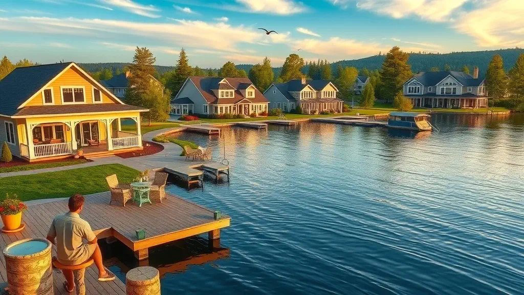 Scenic lakefront homes at Lake Auman in West End, NC real estate & homes for sale, families on patios, tranquil shoreline, luxury properties