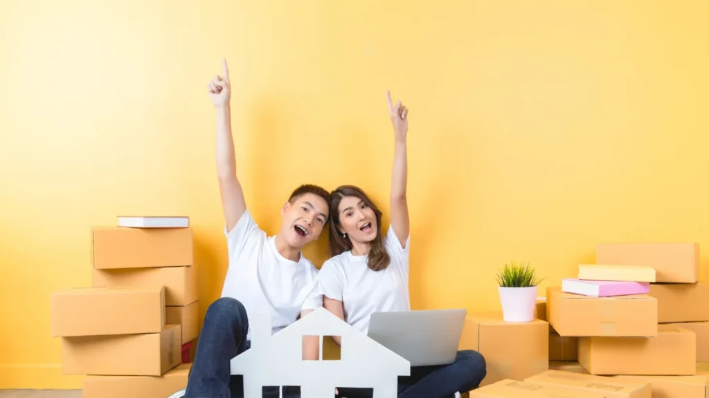 cheerful familiescouples on porches, modern home
