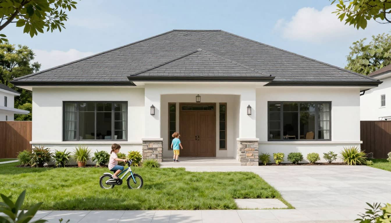 Bright, modern family home exterior — Cheerful, inviting façade with a tidy lawn, styled as photorealistic real estate shot set in a peaceful, leafy Cameron neighborhoods