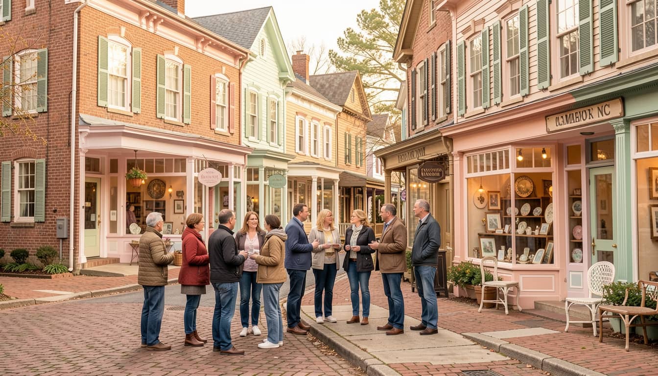 Charming Victorian main street in Cameron NC — Welcoming group of neighbors greeting each other