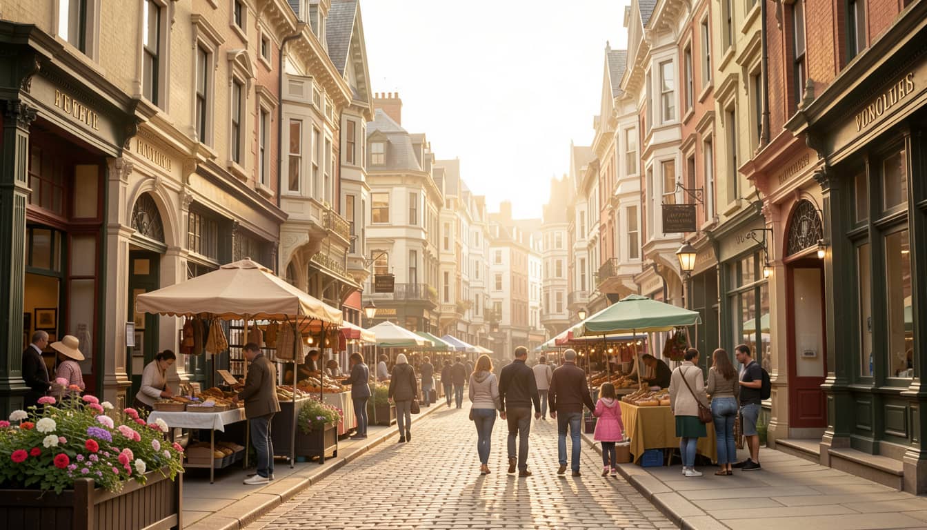 Inviting small-town North Carolina street scene — Warm, welcoming expressions on diverse residents, families strolling