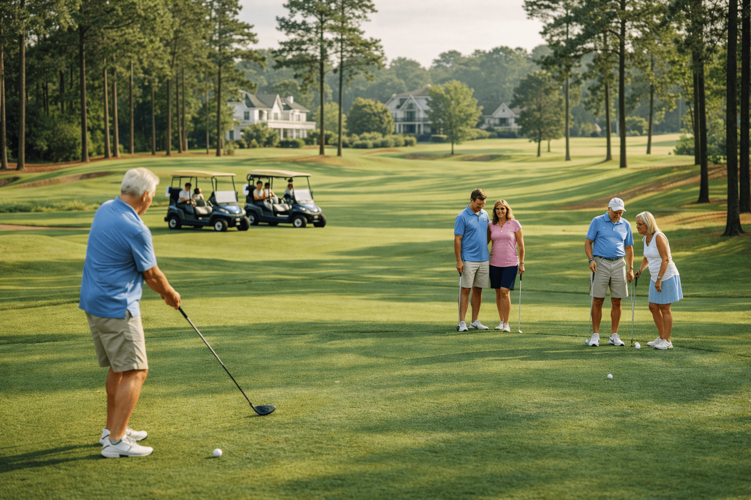 Charming golf course community in Southern Pines, NC – families and seniors golfing in lush Carolina pine golf courses with distant Southern homes