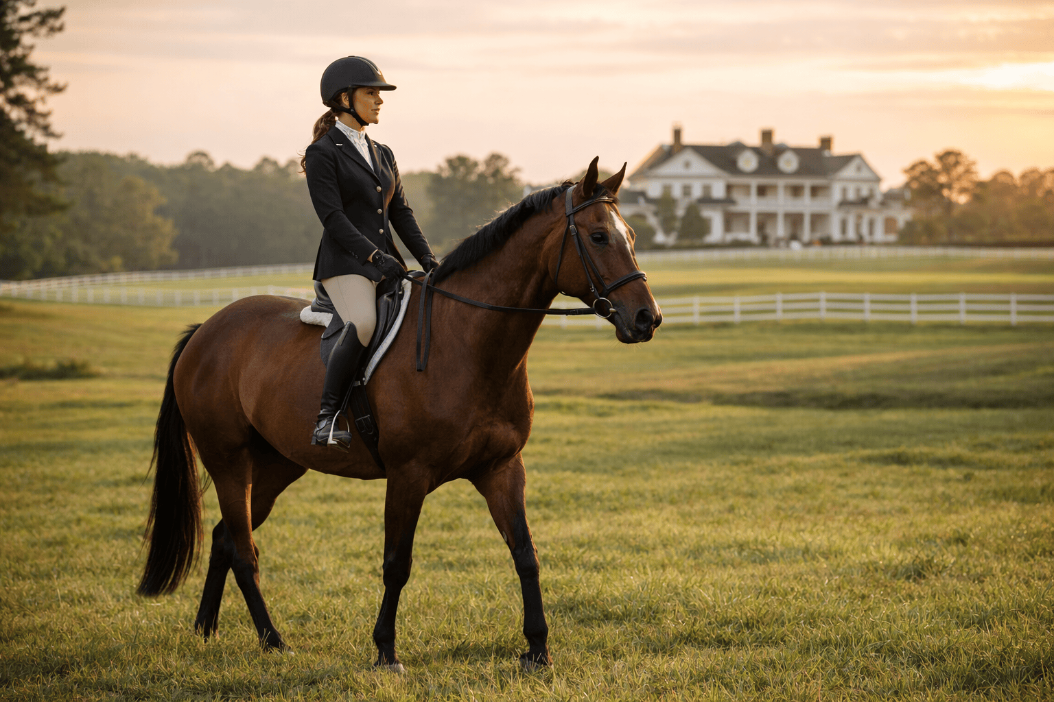 Distinctive equestrian estate in Southern Pines, NC – poised rider on horseback with colonial house and rolling green fields