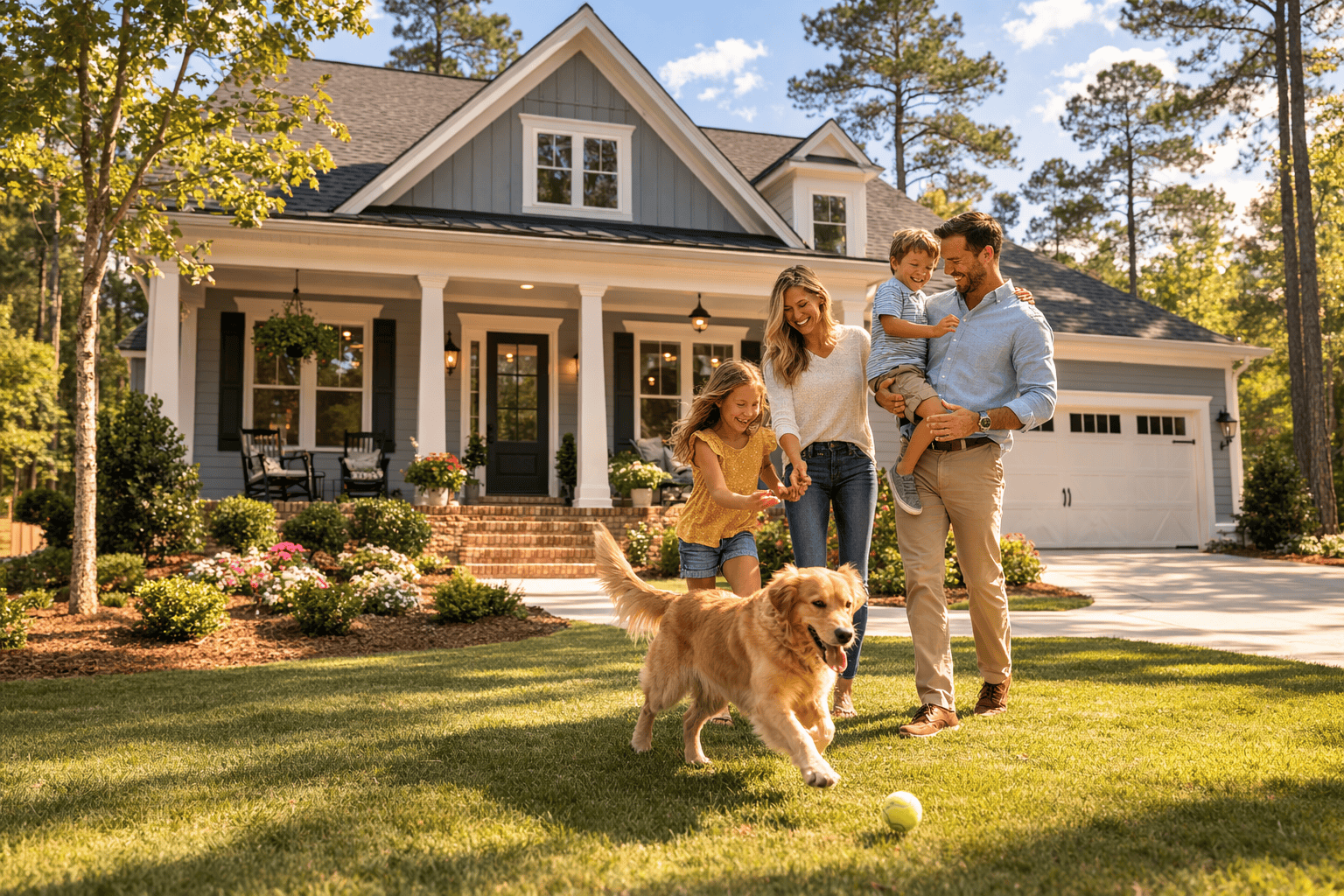 Elegant Southern Pines, NC single-family home exterior – welcoming family in picturesque neighborhood with pine trees and traditional home architecture