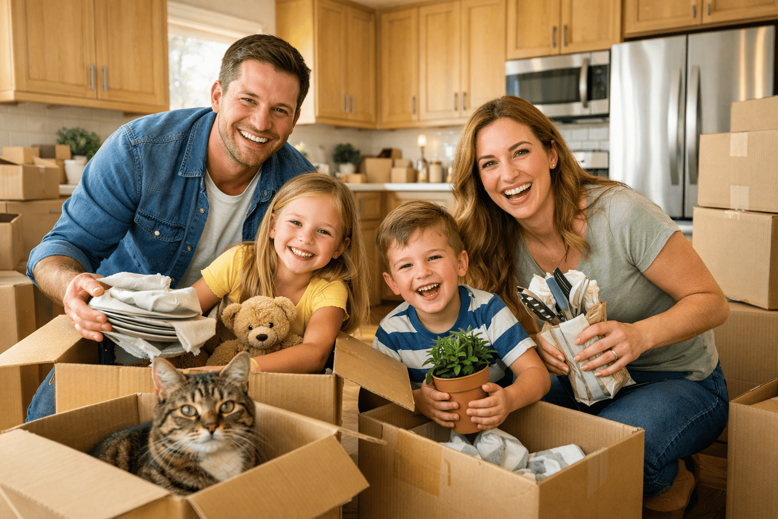 Happy family unpacking boxes in a newly bought Southern Pines, NC home