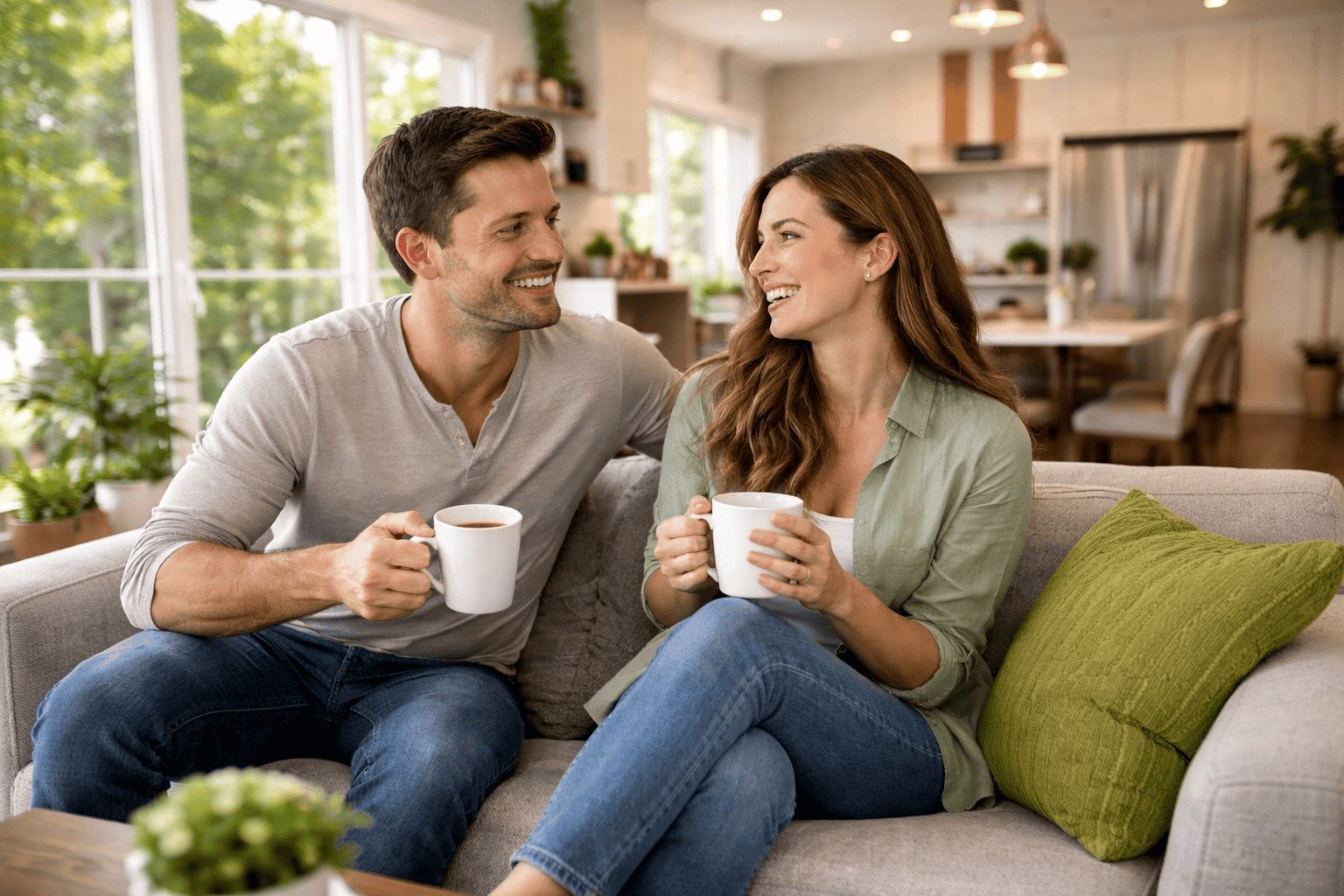 Modern luxury townhouse in Southern Pines, NC – relaxed couple enjoying coffee in open-plan living-dining space with view of green outside