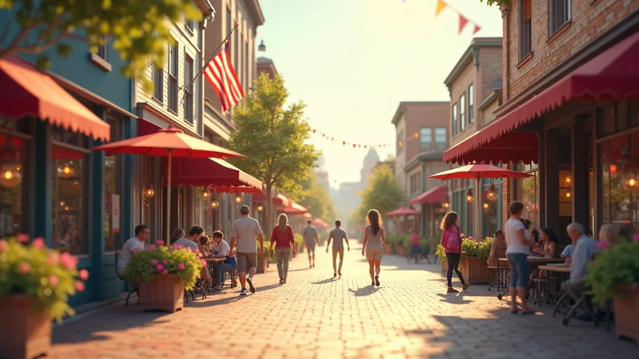 Charming Downtown Aberdeen, NC, main street with historic architecture, local shops, lush flower planters, golden-hour light, vibrant and lively, photorealistic 50mm lens.