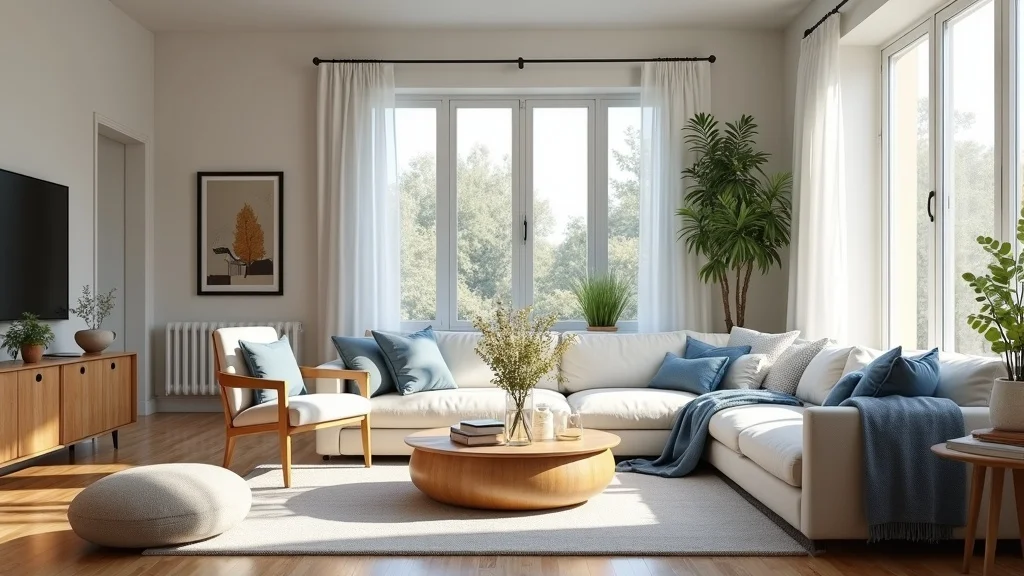 Contemporary interior of a family home in Aberdeen, NC, open-concept space, hardwood flooring, cozy furniture, neutral and blue accents, photorealistic, diffused natural light, 24mm lens.