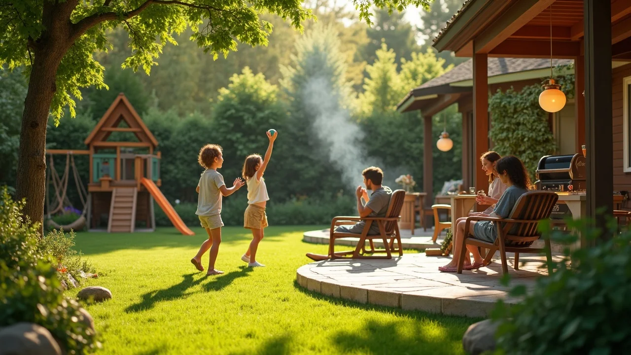 Lush backyard and outdoor living space in Aberdeen, NC, private patio, garden, playset, family activity, photorealistic, late afternoon, warm greens and browns, 85mm lens.