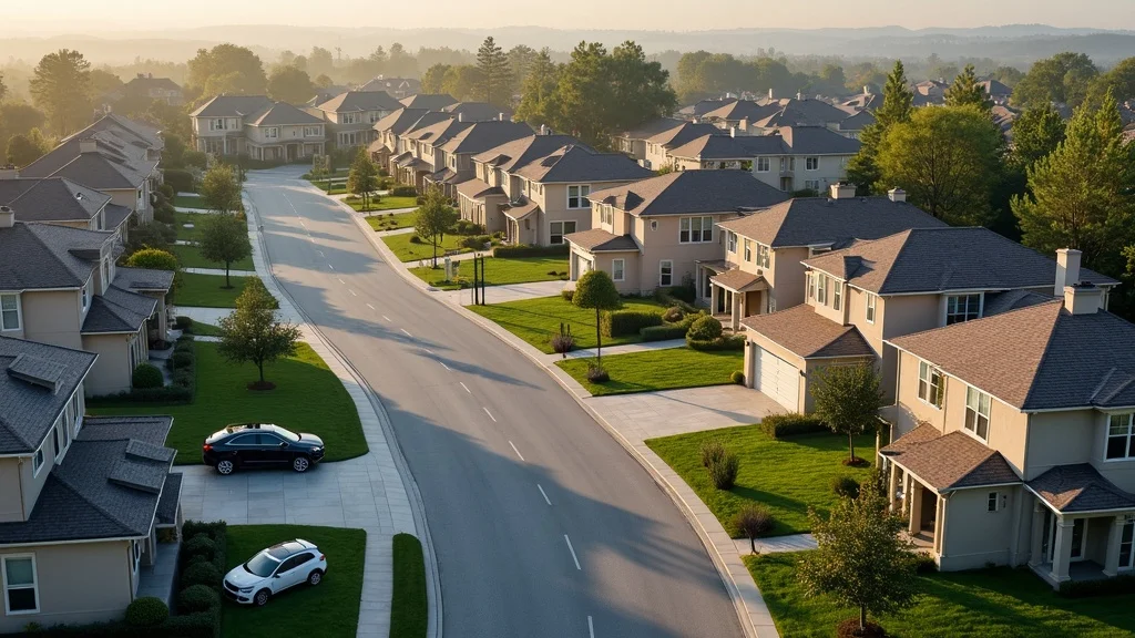 Modern single-family homes in Aberdeen, NC from aerial drone view, manicured lawns, morning sun, photorealistic, spacious lots, dynamic shadows, earthy hues, peaceful neighborhood.